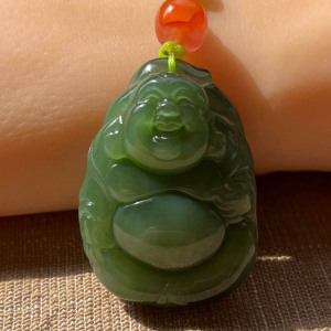 纯天然和田玉俄碧玉老料佛公吊坠毛衣链粉青猫眼苏工正宗玉石证书