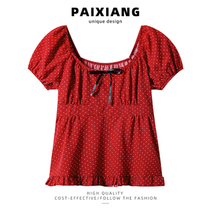 PAIXIANG/红色波点减龄套头短款衬衫女夏季新款雪纺衫甜辣小上衣