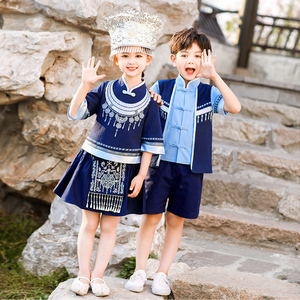 三月三民族服装儿童广西壮族男女童少数民族苗族演出服棉麻套装夏