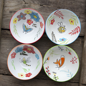 和风四季手绘卡通釉下彩陶瓷5英寸斗笠饭碗装米饭碗水果碗甜品碗