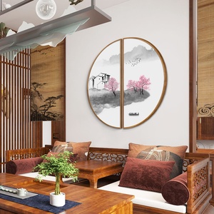 490人付款淘宝圆形装饰画新中式客厅山水画餐厅装饰画半圆形玄关m挂画