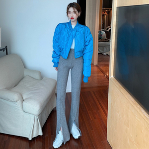 宽松棒球服外套秋冬2020新款韩版小个子百搭开叉高腰垂感阔腿裤女