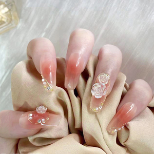 玫瑰桃腮穿戴甲高级感美甲贴片成品手工定制假指甲仙女风夏季长款