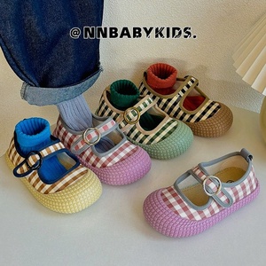 韩版儿童浅口帆布鞋春夏新款男女童格子布鞋软底幼儿园宝宝室内鞋