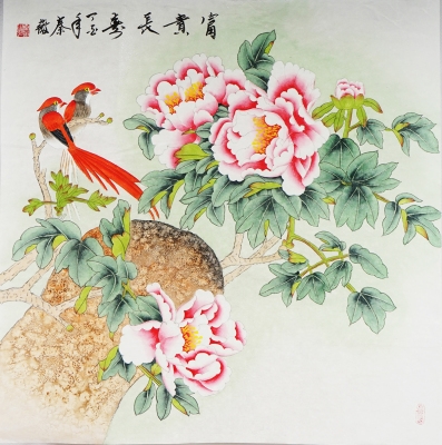国画花鸟画斗方工笔牡丹画富贵牡丹纯手绘中式秦薇字画01683
