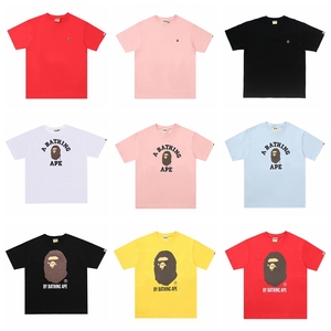 日本潮牌bape刺绣小标猿人头字母印花红 黄 粉 蓝色短袖t恤男女款