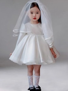 白色女童公主裙花童婚礼小童女孩周岁生日缎面礼服儿童蓬蓬裙长袖