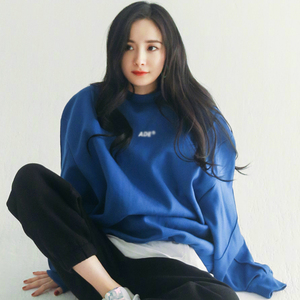 潮牌ader卫衣女秋冬季杨幂明星同款宽松韩版套头蓝色字母上衣加绒