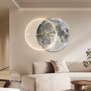 月球带钟表壁灯画简约客厅装饰画餐厅创意时钟沙发背景墙轻奢挂画