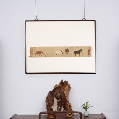 茶室画宋式家具装饰画留白画装裱实木画框任仁发出圉图定制挂画