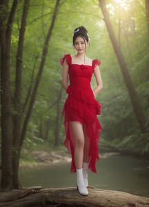 原创假日法式红色玫瑰花气质性感无袖吊带拖尾连衣裙