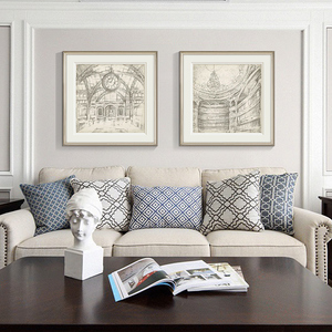 美式沙发背景墙装饰画现代简约客厅挂画餐厅轻奢壁画素描建筑墙画