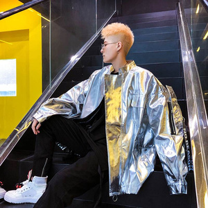 潮男骚气亮面皮衣外套宽松立领pu皮夹克夜店dj酒吧舞台装演出衣服