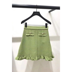 sandro24春夏法式波浪纹橄榄绿针织半身裙高腰包臀短裙SFPJU01120
