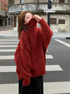 红色高领毛衣女冬复古日系加厚麻花外穿上衣宽松慵懒风大版打底衫