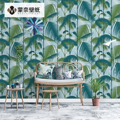 东南亚棕榈树叶绿色植物热带雨林墙纸卧室客厅电视背景墙壁纸北.