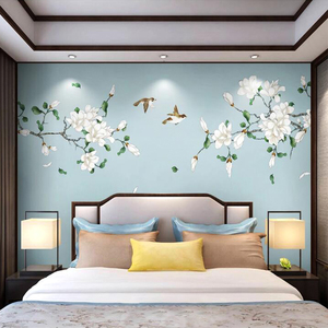 新中式墙布电视背景墙卧室客厅沙发床头墙纸玉兰花鸟无缝定制壁画