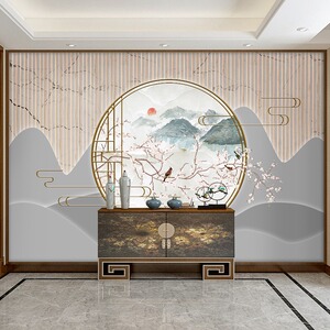 新中式风格古风壁纸中国风山水画客厅背景墙装饰古典艺术花鸟墙纸