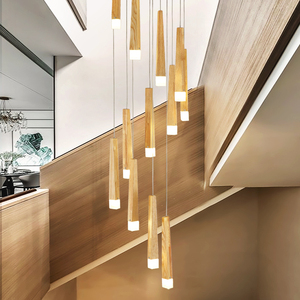 北欧原木楼梯吊灯火柴棒实木长吊灯日式简约loft复式楼公寓客厅灯
