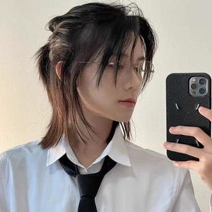 狼尾假发男长发日系男生武士头中分男士鲻鱼头自然日常全头套式