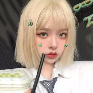 假发女短发自然少女空气刘海修脸bobo头米白色短直发网红全头套式