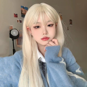 假发女长直发lolita米白色逼真甜美空气刘海长发蓬松气质全头套式