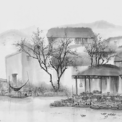 新中式黑白素描水墨水乡江南壁画客厅书法房电视背景墙无缝墙布