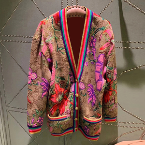 2021gucci正品女装宽松v领长袖中长款针织开衫薄外套新款女上衣