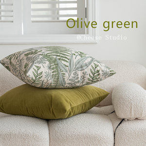 法式复古中古美式南洋风印花绒布橄榄绿卧室飘窗客厅沙发抱枕靠垫