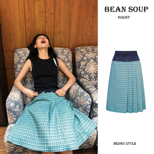 Bean Soup/豆汤 蓝绿色格纹拼接半身裙女高级感抽绳百褶中长裙子