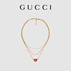 gucci古驰互扣式双g水晶爱心吊坠项链