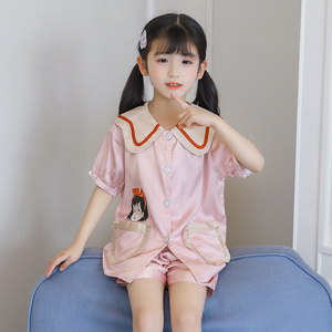 夏季薄款小学生女孩仿真丝绸短袖睡衣冰丝儿童宝宝甜美可爱家居服