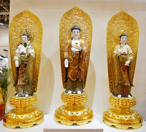 大号天然汉白玉石雕 金彩系列 西方三圣佛像供奉摆件寺庙家用