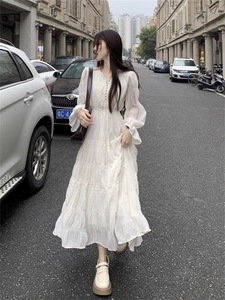 桔梗法式到脚踝长裙超仙米白色170加长版175超长高个子女生连衣裙