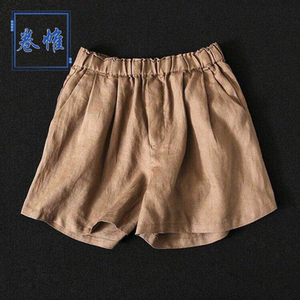 新款 棉麻短裤女夏天复古宽松休闲纯色松紧腰大码居家亚麻阔腿裤