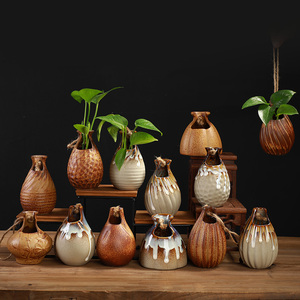 中式粗陶小花瓶复古悬挂式小吊瓶摆件陶瓷迷你花插水培绿萝小花器