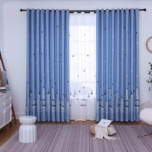 金杆子蓝色城堡窗帘遮光棉麻铁塔卡通男孩儿童卧室地中海风格