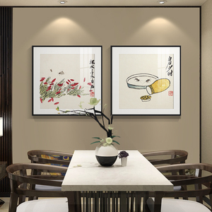 齐白石丝绸餐厅墙面装饰画新中式饭厅水墨壁画大气茶室经典工笔画