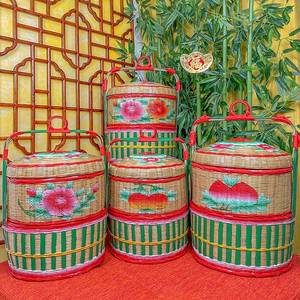 潮州传统竹编花篮 手工竹艺花篮 潮汕结婚庆竹篮 拜神双层竹花篮