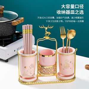 新款北欧金边陶瓷筷子筒麋鹿家用厨具收纳筷笼厨房双层沥水筷子架