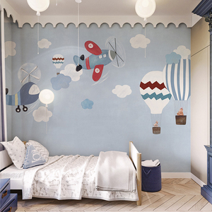北欧卡通儿童房墙布幼儿园壁纸男女孩卧室壁画飞机热气球墙纸壁布