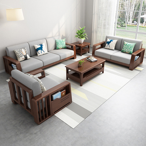 全友家居风格全实木沙发123组合现代简约木布结合小户型客厅沙发