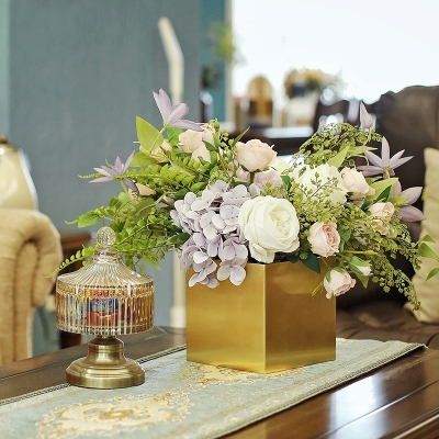 北欧简约黄铜正方形金属广口花瓶家居台面插花水培花器装饰摆件