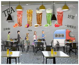 3d卡通甜品奶茶店墙纸网红咖啡店装饰壁纸冷饮果汁水吧休闲吧壁画