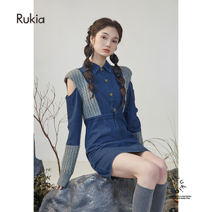 rukia/克莱因蓝连衣裙又a又飒复古拼接法式赫本风小众设计牛仔裙