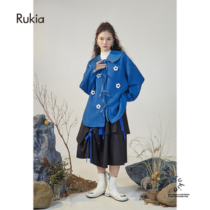 rukia/韩系冬装甜酷套装克莱茵蓝设计感衬衫外套半身裙打底三件套
