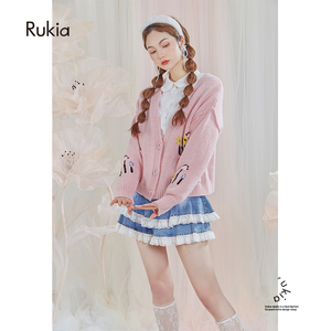 rukia/早春穿搭套装粉色毛衣外套白衬衫牛仔蛋糕裙盐系穿搭三件套