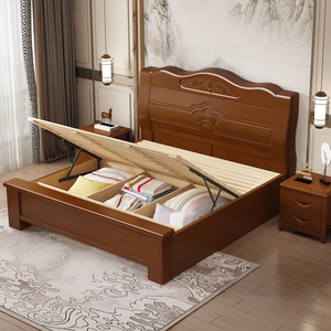 全友中式实木床双人橡木现代简约主卧室原木家具储物高箱大床工厂