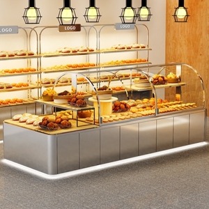 面包柜蛋糕房超市货架烘焙糕点柜台开放式边柜镀钛面包中岛展示柜