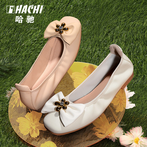 哈驰女鞋2023春季新款单鞋配裙子浅口平底鞋蝴蝶结软底超软休闲鞋